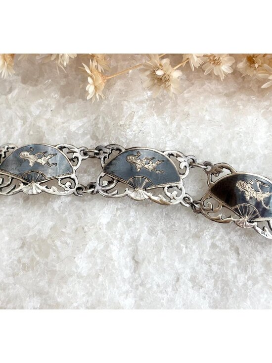 Siam Sterling Black Niello Enamel Fan Shaped Mekkalah Vintage Thai Bracelet - Picture 1 of 16